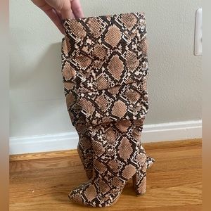 Wet Kiss Chunky Pointed Toe Knee High Snake Print Boots Tan